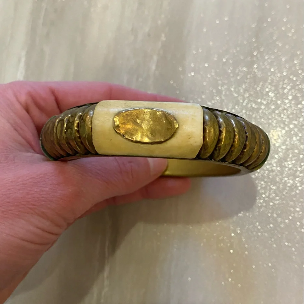 Vintage Brass Bangle Bracelet with Faded Green and Off White Accents